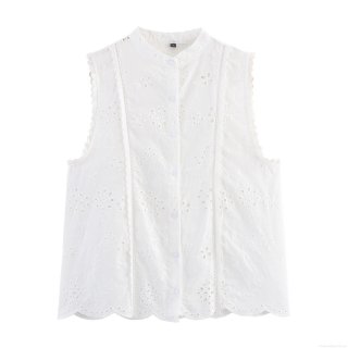 Women's Elegant Sleeveless Cotton Blend Hollow Embroidery Blouse Stand Collar Button Down Floral Eyelet Shirt With Scalloped Hem Casual Sweet Summer Tops