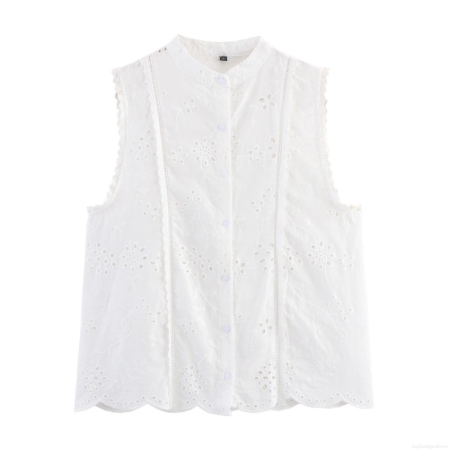 Women's Elegant Sleeveless Cotton Blend Hollow Embroidery Blouse Stand Collar Button Down Floral Eyelet Shirt With Scalloped Hem Casual Sweet Summer Tops