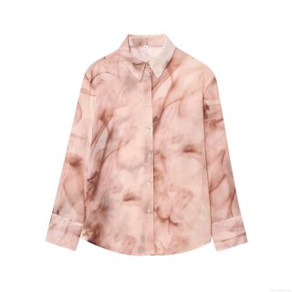 Fashion Women's Long Sleeve Tie Dye Marble Print Chiffon Shirt Lightweight Button Down Lapel Blouse For Daily Casual Office Wear