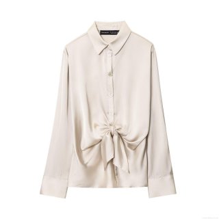 Women Elegant Satin Long Sleeve Shirt Tied Knot Waist Button Down Blouse Silk-like Texture Solid Color Tops For Daily Party Office Fashion Socialite Apparel