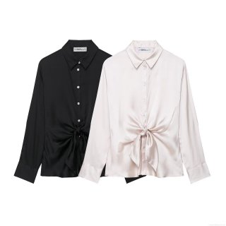 Women's Elegant Satin Silk Like Blouse Long Sleeve Tie Knot Waist Casual Shirt For Party Dating Work Office Lady Top