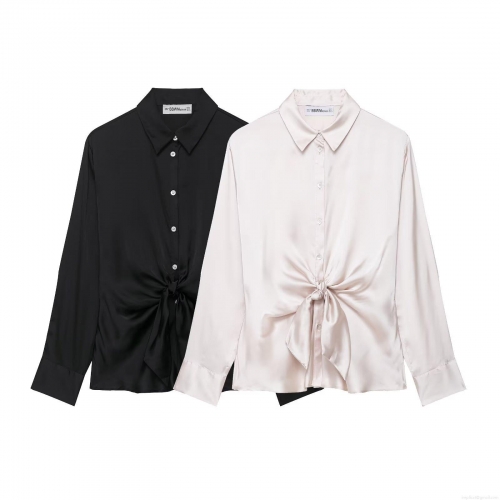 Women's Elegant Satin Silk Like Blouse Long Sleeve Tie Knot Waist Casual Shirt For Party Dating Work Office Lady Top