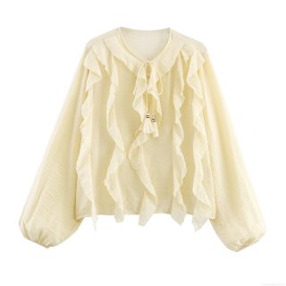 Women's Elegant Polyester Ruffle V-Neck Blouse Vintage Lantern Long Sleeve Tassel Tie Shirt Cream Solid Color Romantic Chic Top