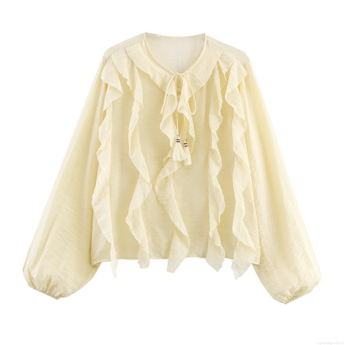 Women's Elegant Polyester Ruffle V-Neck Blouse Vintage Lantern Long Sleeve Tassel Tie Shirt Cream Solid Color Romantic Chic Top