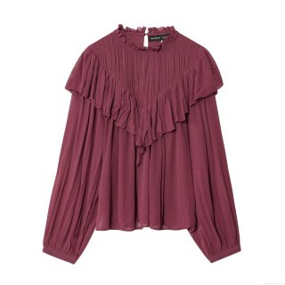 Women Elegant Chiffon Blouse Vintage Ruffle Long Lantern Sleeve Pleated Solid Color Pullover Top For Party Ladies Fashion Sweet Shirt
