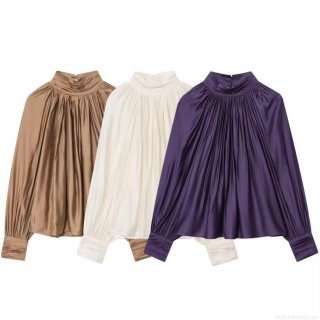 Women's Elegant Satin Blouse Stand Collar Pleated Lantern Sleeve Pullover Top Long Sleeve Solid Color Fashion Shirt for Party Office Lady