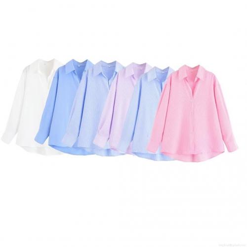 Women's Casual Cotton Polyester Blend Long Sleeve Button Down Shirt Classic Striped Lapel Blouse For Office Work Daily Wear