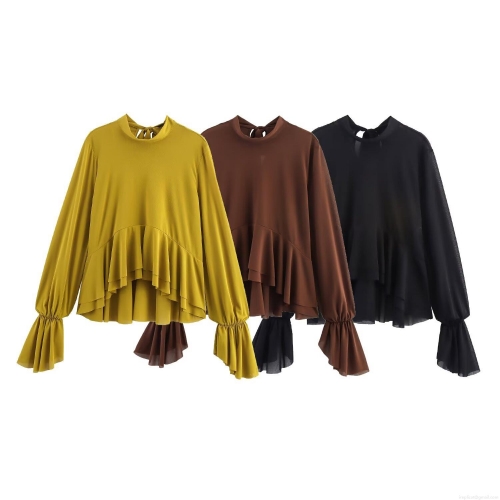 Elegant Women Chiffon Blouse Ruffle Layered Hem Tie Back High Neck Long Sleeve Top Casual Solid Color Loose Shirt For Autumn Winter Women Clothing