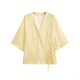 Women's Striped Kimono Style Tie Front Blouse V Neck Butterfly Bow Waist Casual Half Sleeve Wrap Top Summer Vacation Shirt