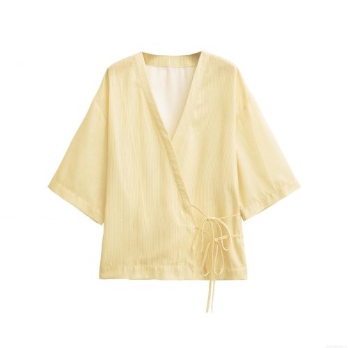 Women's Striped Kimono Style Tie Front Blouse V Neck Butterfly Bow Waist Casual Half Sleeve Wrap Top Summer Vacation Shirt