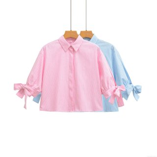 Women Elegant Striped Blouse Polyester Bow Tie Cuffs Seven-Point Sleeve Shirt Casual Lapel Button Down Top For Daily Office Work Sweet Fresh Striped Blouse