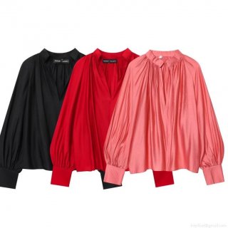 Women's Elegant Satin V Neck Blouse Long Lantern Sleeve Pleated Top With Pearl Button Cuffs Solid Color Loose Casual Shirts For Women Office Daily Wear