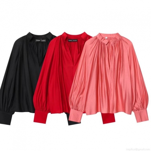 Women's Elegant Satin V Neck Blouse Long Lantern Sleeve Pleated Top With Pearl Button Cuffs Solid Color Loose Casual Shirts For Women Office Daily Wear