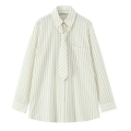 Women's Loose Casual Striped Long Sleeve Shirt With Matching Tie Cotton Blend Oversized Button Down Blouse Top For Office School Streetwear