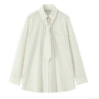 Women's Loose Casual Striped Long Sleeve Shirt With Matching Tie Cotton Blend Oversized Button Down Blouse Top For Office School Streetwear