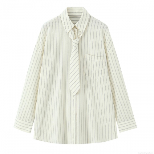 Women's Loose Casual Striped Long Sleeve Shirt With Matching Tie Cotton Blend Oversized Button Down Blouse Top For Office School Streetwear