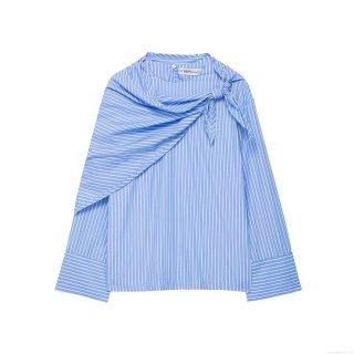 Women's Fashion Striped Scarf Collar Blouse Long Sleeve Asymmetric Tie Side Top Blue White Vertical Stripes Elegant 100% Polyester Casual Shirt for Women Office Commuting Daily Wear