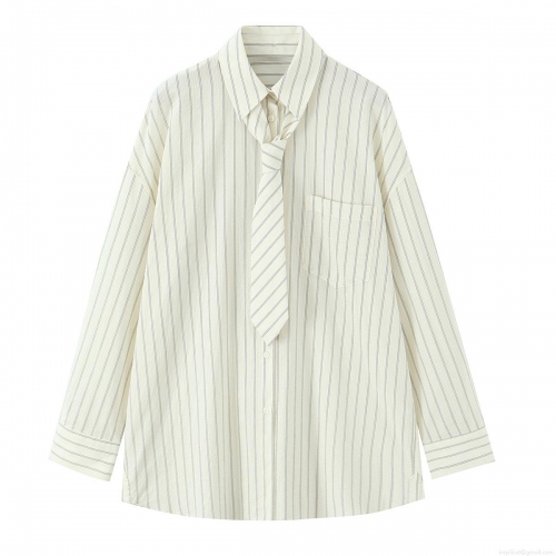 Women's Striped Long Sleeve Blouse With Tie Elegant Polyester Cotton Blend Loose Fit Button Down Shirt For Office Daily Work Wear