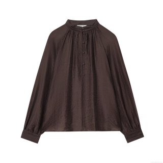Women's Elegant Stand Collar Long Sleeve Blouse Pleated Texture Polyester Tencel Shirt Solid Coffee Color Retro Puff Sleeve Top For Dating Party Office