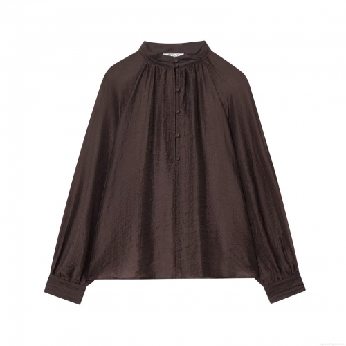 Women's Elegant Stand Collar Long Sleeve Blouse Pleated Texture Polyester Tencel Shirt Solid Coffee Color Retro Puff Sleeve Top For Dating Party Office