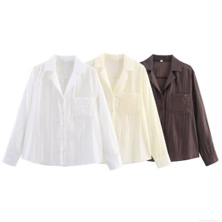 Women's Long Sleeve Button Down Shirt Casual Polyester Blouse With Embroidery Pocket Solid Color Textured Top For Daily Office Work