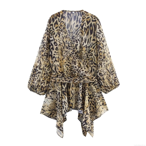 Sexy Women's Leopard Print Chiffon Blouse Deep V-Neck Long Lantern Sleeve Wrap Top With Belt Irregular Hem Casual Streetwear Tunic Shirt