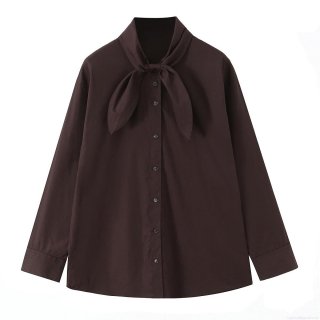 Women's Elegant Coffee Brown Polyester Long Sleeve Blouse Shirt With Pussy-bow Tie Neck Vintage Solid Color Button Up Office Daily Casual Top