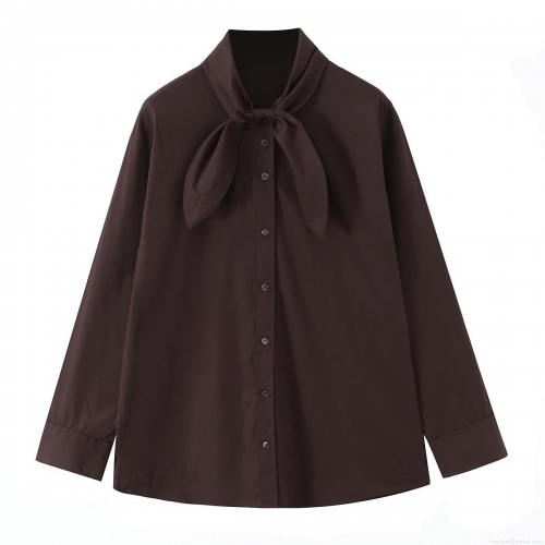 Women's Elegant Coffee Brown Polyester Long Sleeve Blouse Shirt With Pussy-bow Tie Neck Vintage Solid Color Button Up Office Daily Casual Top
