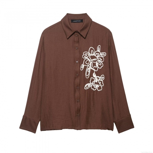 Women Elegant Floral Embroidery Blouse Textured Long Sleeve Button Down Shirt Polyester Fabric Top For Daily Office Wear