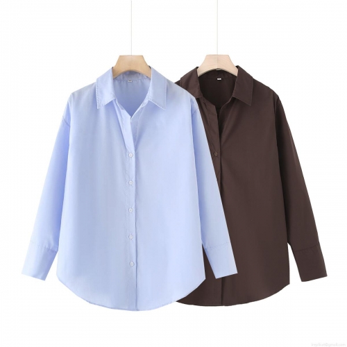 Women's Casual Cotton Poplin Long Sleeve Lapel Loose Shirt Solid Color V-Neck Polyester Blend Blouse Top For Office Lady