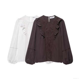 Women's Long Sleeve Round Neck Blouse 100% Polyester Floral Embroidery Ruffle Trim Lace Stitching Shirt Casual Sweet French Style Top For Women