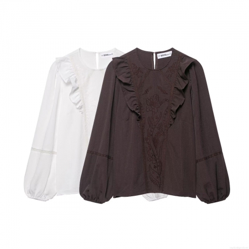 Women's Long Sleeve Round Neck Blouse 100% Polyester Floral Embroidery Ruffle Trim Lace Stitching Shirt Casual Sweet French Style Top For Women