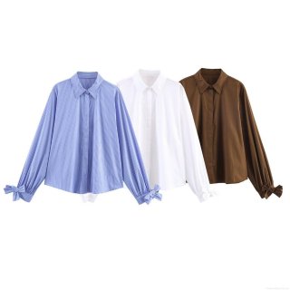 Women Fashion Elegant Long Sleeve Poplin Shirt With Bow Tie Cuffs Striped White Brown Blouse Casual Single Breasted Lapel Top