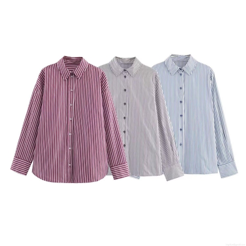 Women Striped Long Sleeve Shirt Polyester Poplin Button Down Casual Office Streetwear Blouse With Turn-down Collar For Ladies