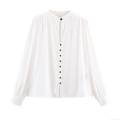 Women's Elegant Solid White Cupro Polyester Blouse Round Neck Long Sleeve Button Down Shirt With Pleated Shoulder For Casual Office Wear