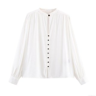 Women's Elegant Solid White Cupro Polyester Blouse Round Neck Long Sleeve Button Down Shirt With Pleated Shoulder For Casual Office Wear