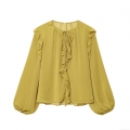 Women's Elegant Mustard Yellow Chiffon Ruffle Blouse Lantern Long Sleeve Tiered Solid Color Pullover Top With Tie Neck Metal Beads For Office Daily Casual