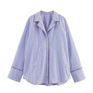 Women's Long Sleeve Blue White Striped Shirt With Red Contrast Piping Casual Poplin Blouse Single Breasted Pyjama Style Top For Women Daily Fashion