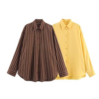 Women's Fashion Casual Loose Long Sleeve Button Down Blouse Shirt Striped Solid Color Polyester Poplin Lapel Collar Top For Office Daily School Wear Korean Style Elegant Basic Blouse