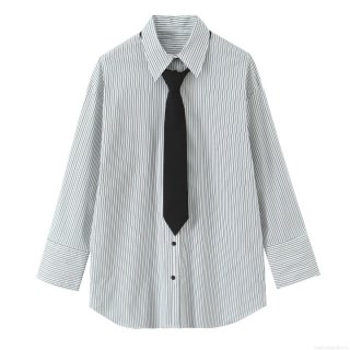 Women's Striped Long Sleeve Poplin Shirt With Black Tie Office Lady Casual Button Down Oversized Blouse Top For Work Daily Casual Wear