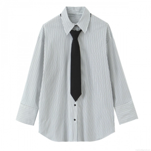 Women's Striped Long Sleeve Poplin Shirt With Black Tie Office Lady Casual Button Down Oversized Blouse Top For Work Daily Casual Wear