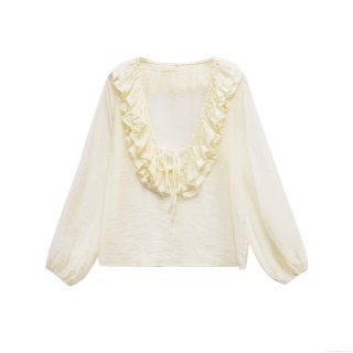 French Style V Neck Ruffle Layered Long Sleeve Blouse Women 100% Polyester Solid Color Sweet Elegant Tops For Casual Party Daily Wear