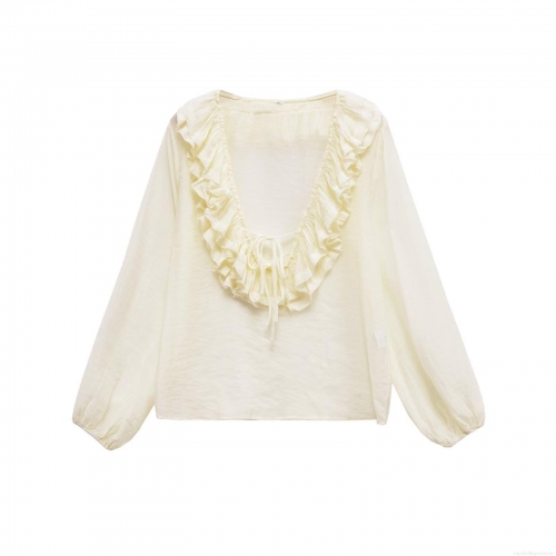 French Style V Neck Ruffle Layered Long Sleeve Blouse Women 100% Polyester Solid Color Sweet Elegant Tops For Casual Party Daily Wear