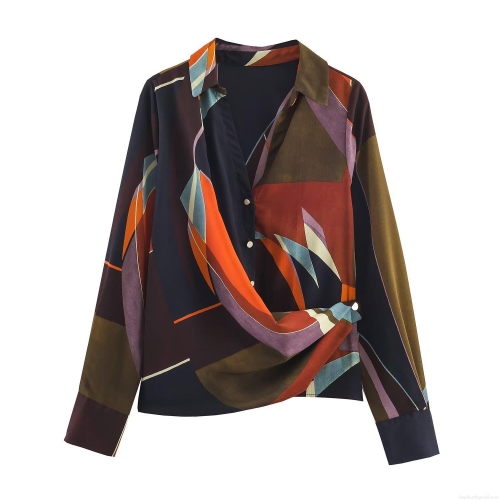 Women's Elegant Geometric Abstract Print Long Sleeve Blouse Asymmetric Drape V-Neck Polyester Shirt Chic Commuter Casual Tops