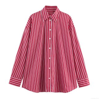 Women's Casual Red And White Vertical Striped Poplin Shirt Loose Button Up Long Sleeve Lapel Blouse For Daily Office Wear Lady Fashion Tops