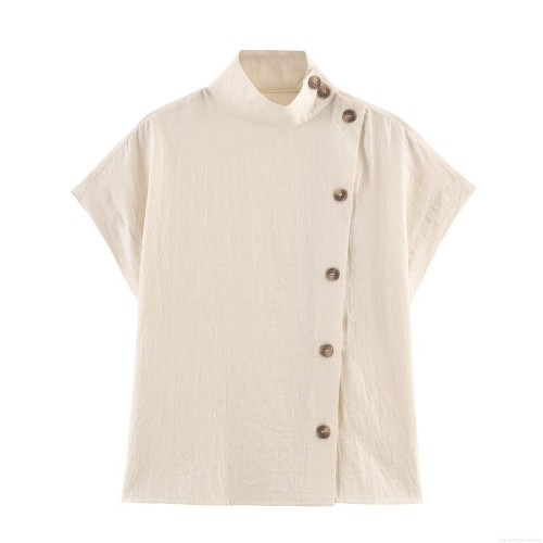 Women's Elegant Stand Collar Short Sleeve Blouse Minimalist Side Button Up Top Solid Color Casual Office Shirt Polyester Cotton Linen Feel