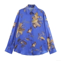 Women's Long Sleeve Floral Print Satin Shirt Elegant Blue Abstract Flower Blouse Office Lady Casual Tops Spring Fashion Shirt