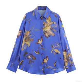 Women's Long Sleeve Floral Print Satin Shirt Elegant Blue Abstract Flower Blouse Office Lady Casual Tops Spring Fashion Shirt