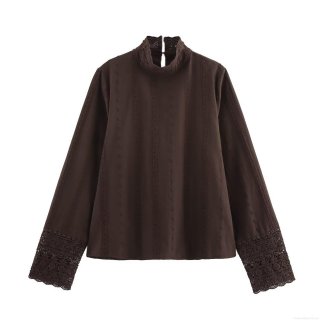 Women's Retro Elegant Lace Embroidery Blouse Long Sleeve Stand Collar Cotton Blend Pullover Top For Casual Daily Wear High Quality Women Clothing