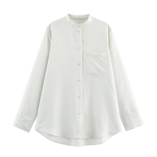 Women's Fashion Striped Long Sleeve Shirt Elegant Pleated Effect Button Down Blouse Office Lady Casual Tops Polyester Fabric With Chest Pocket